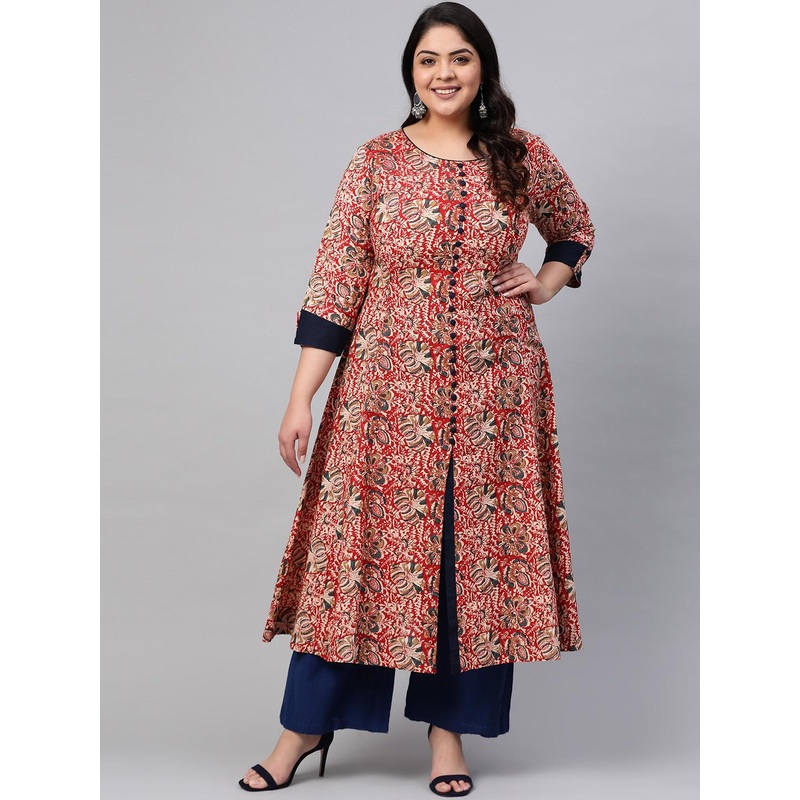 YASH GALLERY Plus Size Women Off-White & Red Printed A-Line Kurta