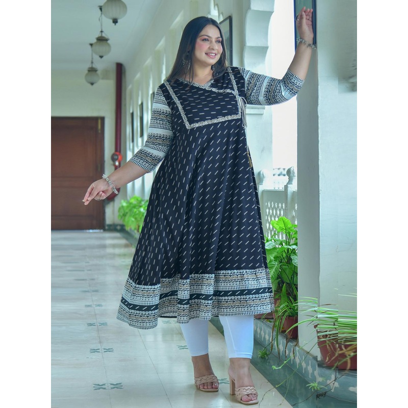 YASH GALLERY Women Plus Size Black & White Geometric Printed Angrakha Anarkali Kurta