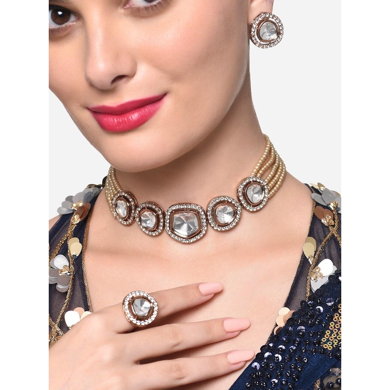 Zaveri Pearls Gold-Plated Artificial Stone-Studded & Multistrand Beaded Jewellery Set