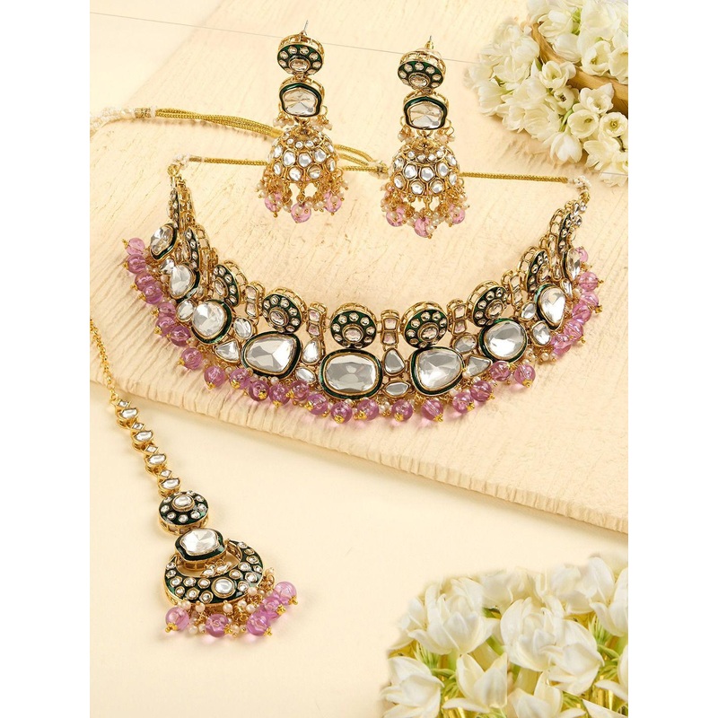 Zaveri Pearls Gold-Plated Meenakari Stone-Studded & Beaded Jewellery Set