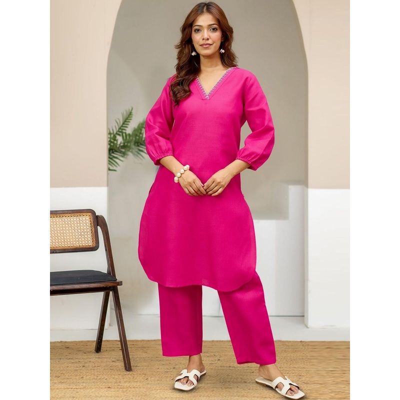 AADVIKA V-Neck Three-Quarter Sleeves Thread Work Straight Kurta With Trousers