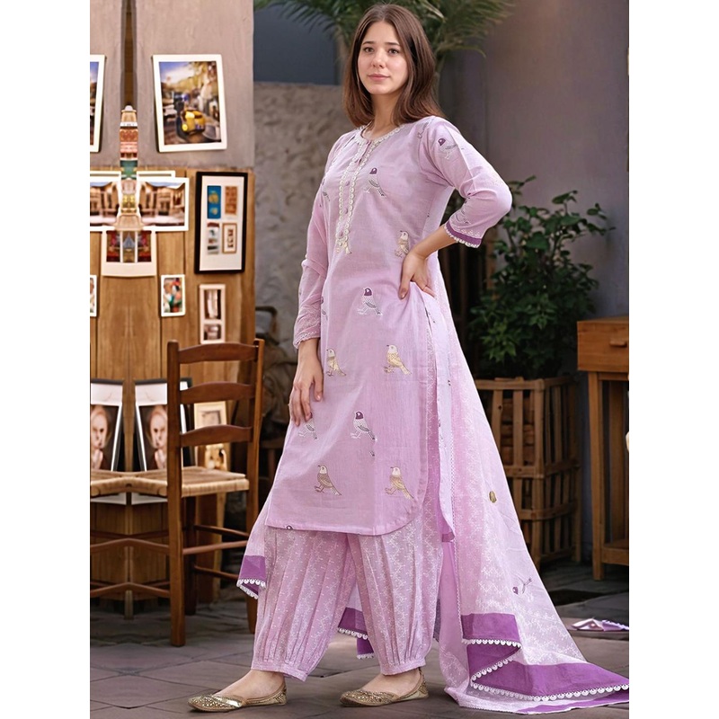 Aaghnya Quirky Printed Round Neck Straight Kurta With Patiala & Dupatta