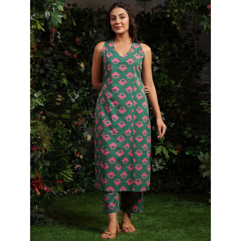 anayna Floral Printed V-Neck Straight Pure Cotton Kurta With Trousers