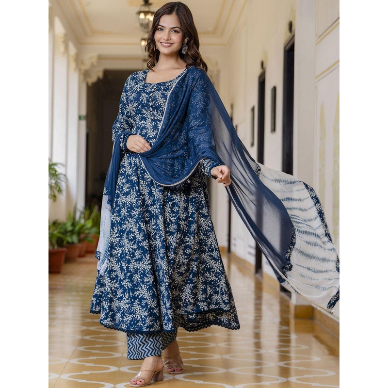 Anouk Blue Floral Printed Empire Pure Cotton Anarkali Kurta With Pyjama & Dupatta