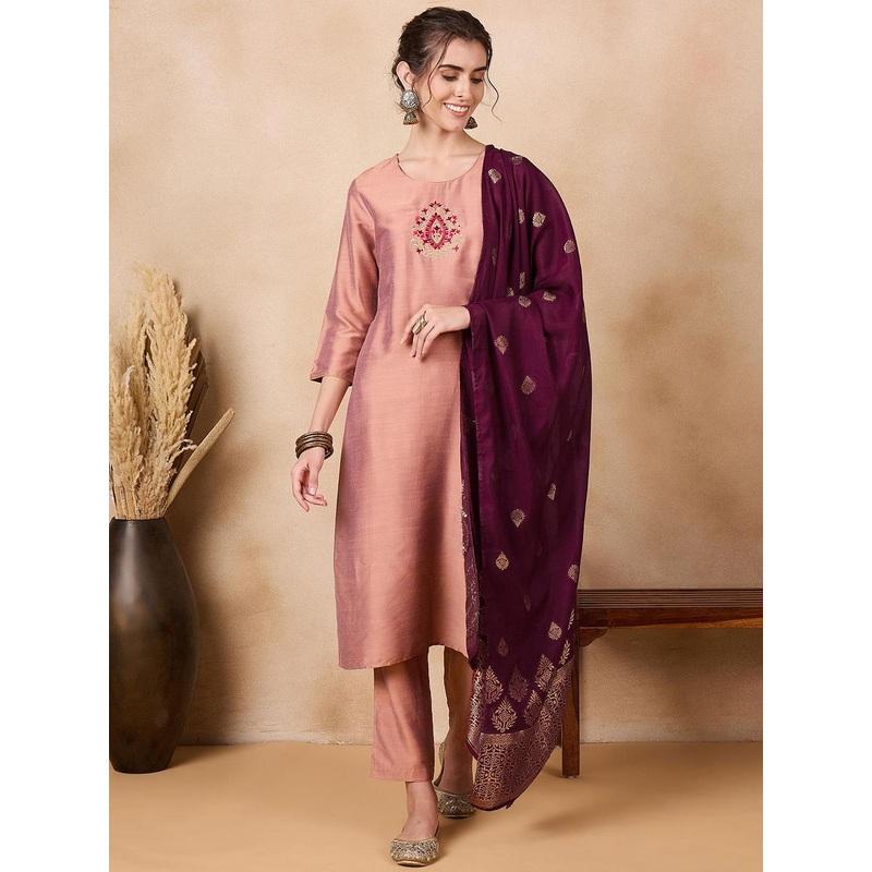 Anouk Copper Toned Floral Embroidered Straight Kurta With Trousers & Dupatta