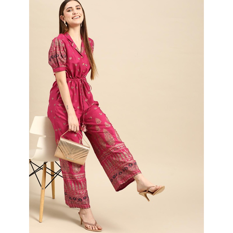 Anouk Women Magenta & Golden Ethnic Motifs Printed Basic Jumpsuit
