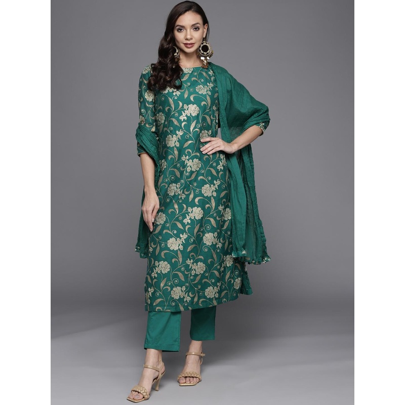Biba Women Green & Golden Ethnic Motifs Printed Kurta with Trousers & With Dupatta