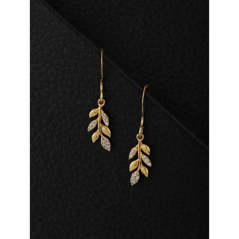 Carlton London Gold Plated With Cubic Zirconia Studded Leaf Shaped Drop Earrings