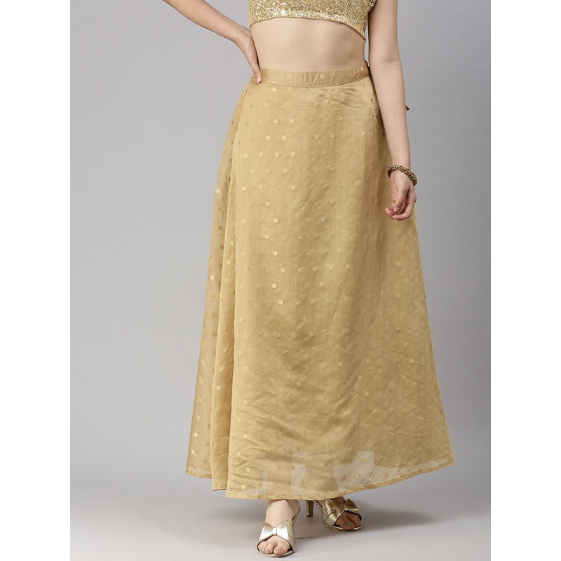 De Moza Women Golden Printed Flared Maxi Skirt