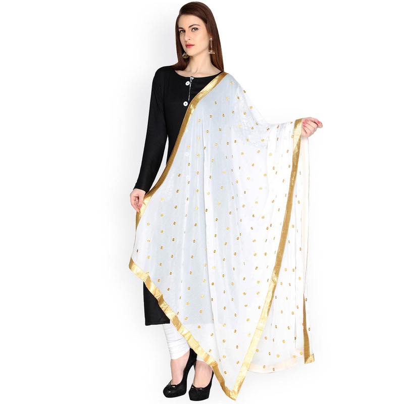 Dupatta Bazaar White & Gold-Toned Embroidered & Embellished Chiffon Dupatta