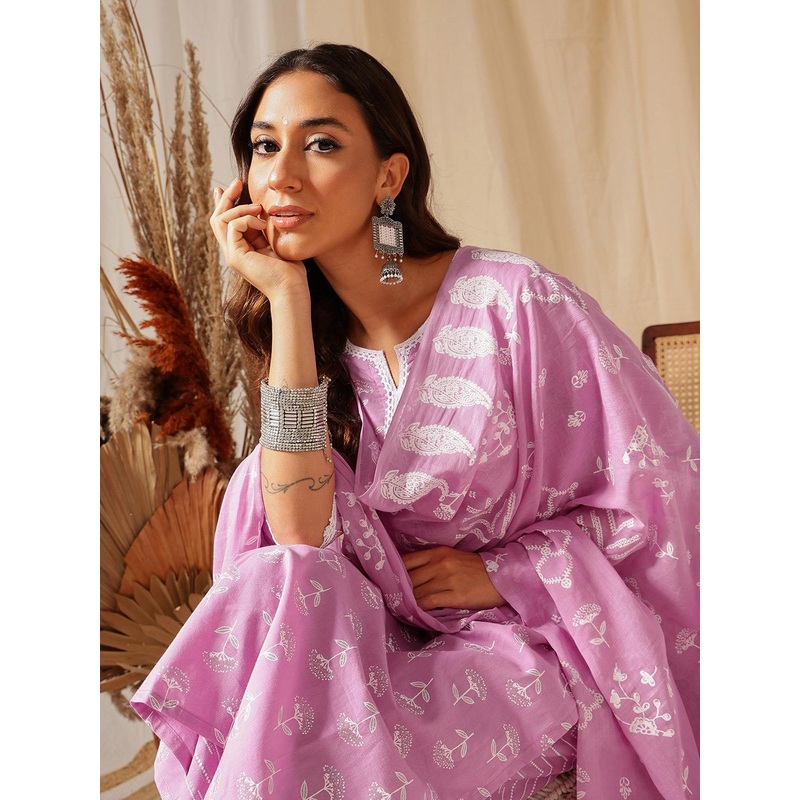Ginni Arora Label Women Purple Printed Regular Pure Cotton Kurta with Trousers & With Dupatta