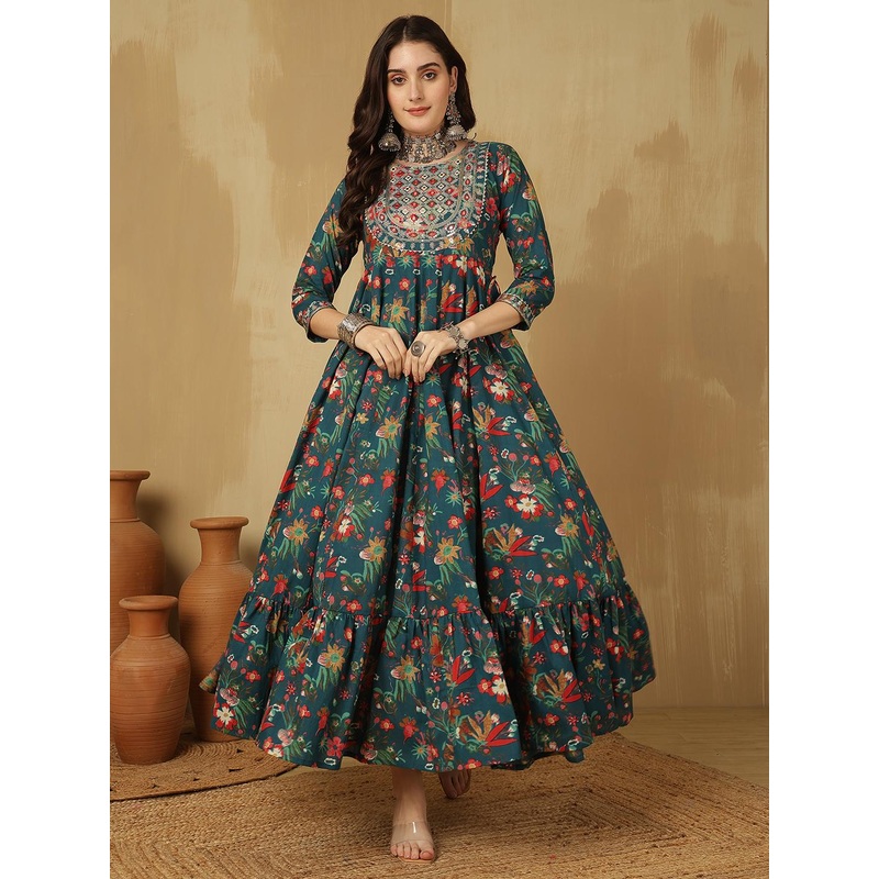 GLAM ROOTS Floral Printed Thread Work Cotton Tiered Anarkali Kurta