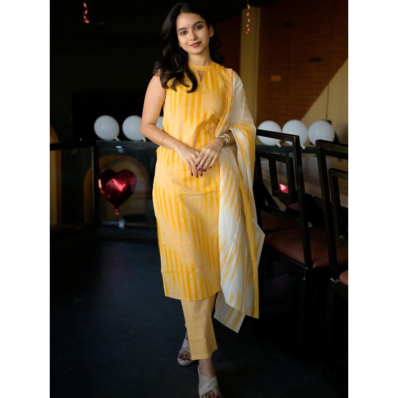GoSriKi Striped Key Hole Neck Kurta With Trousers & Dupatta
