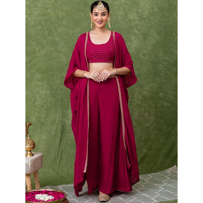 HERE&NOW Women Georgette Sequence Crop Top With Palazzo & Shrug Co-Ords