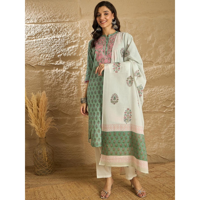 House of Pataudi Floral Embroidered Pure Cotton Straight Kurta & Trousers With Dupatta