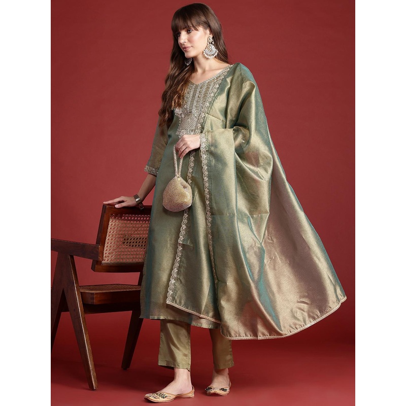 Indo Era Ethnic Motifs Embroidered Sequinned Liva Kurta With Trousers & Dupatta