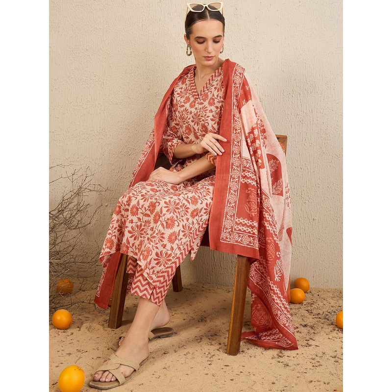 Indo Era Floral Printed Gotta Patti Pure Cotton Straight Kurta With Trousers & Dupatta