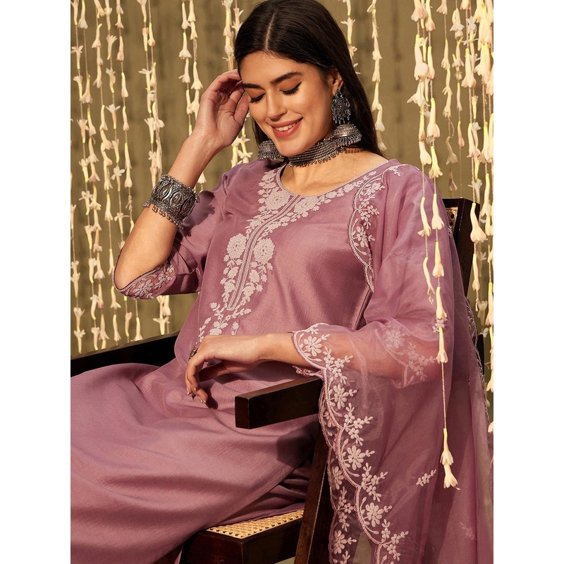 Indo Era Yoke Design Regular Thread Work Kurta with Trousers & With Dupatta