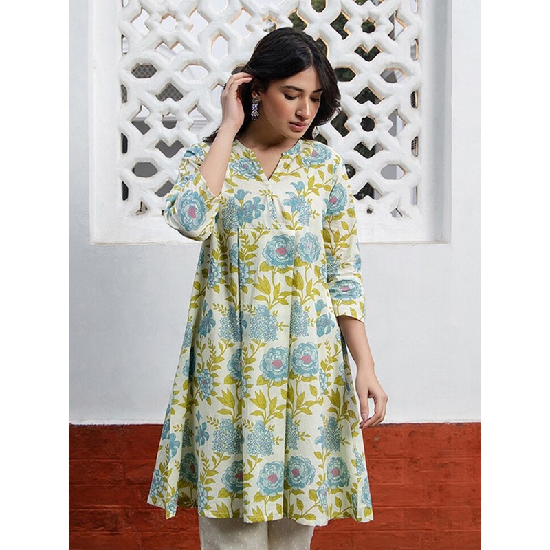 Janasya Women’s Off White Pure Cotton Floral Printed Regular Tunic