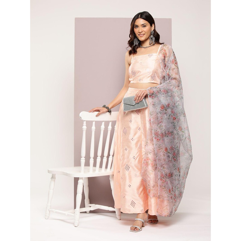 Jompers Embroidered Mirror Work Ready to Wear Lehenga & Blouse With Dupatta