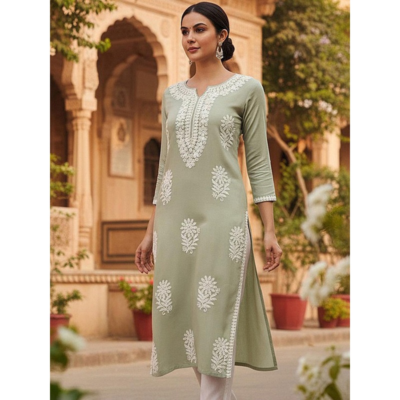 KALINI Floral Embroidered Notch Neck Chikankari Straight Kurta