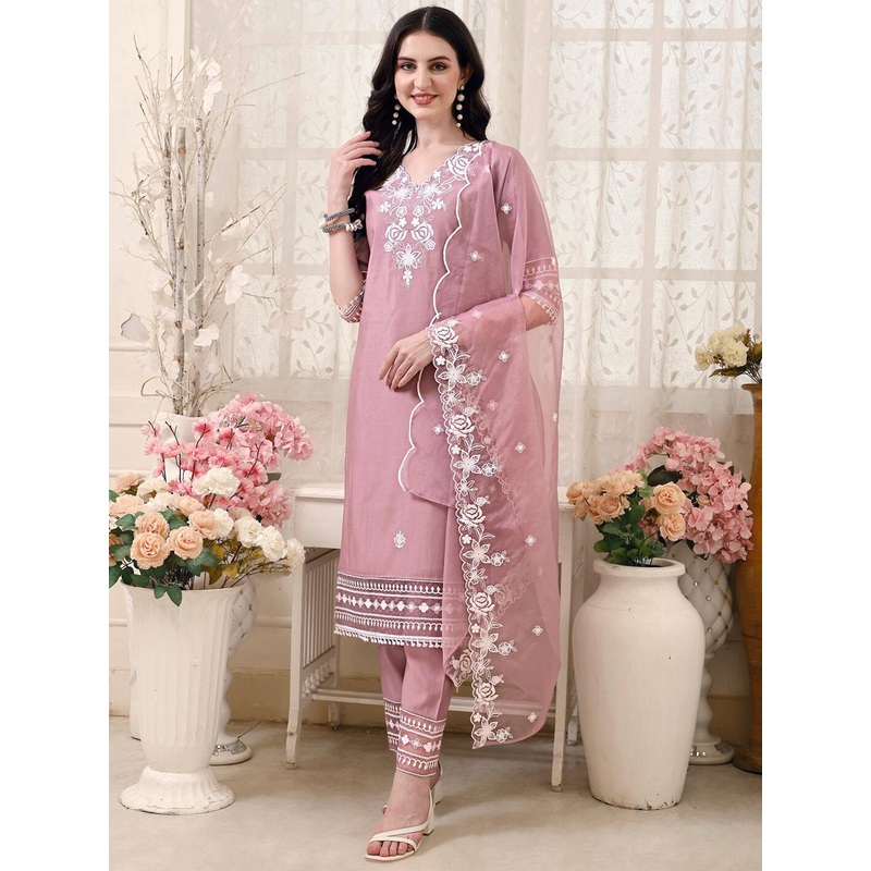 KALINI Floral Embroidered Thread Work Chanderi Cotton Kurta with Trousers & With Dupatta
