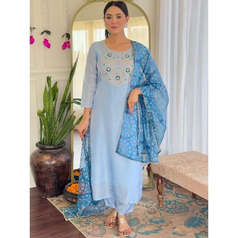 KALINI Women Ethnic Motifs Embroidered Regular Thread Work Kurta with Trousers & With Dupatta