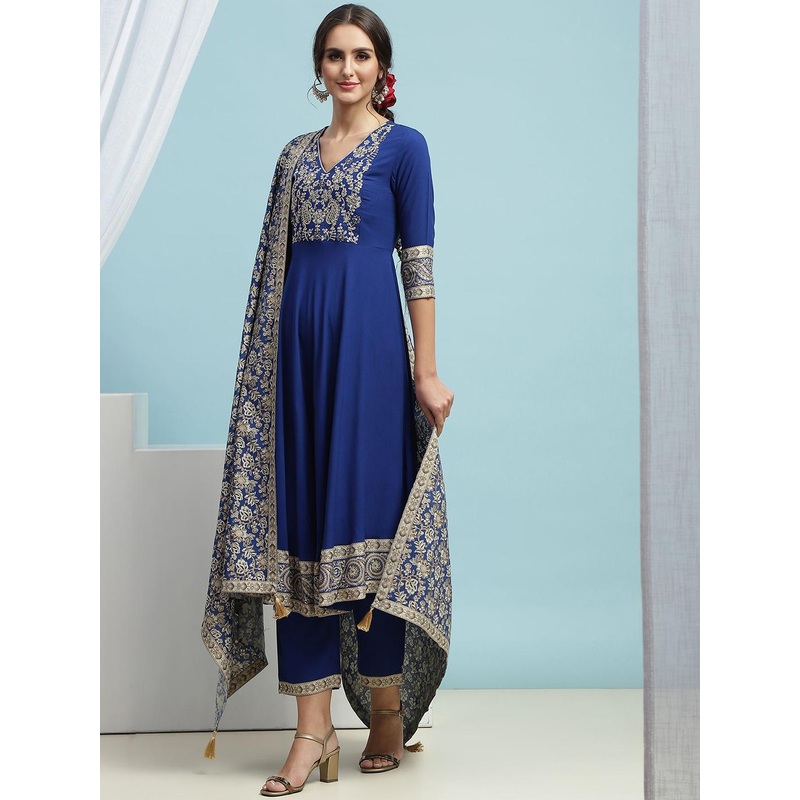 Khushal K Floral Embroidered Sequinned V-Neck A-Line Kurta With Palazzos & Dupatta