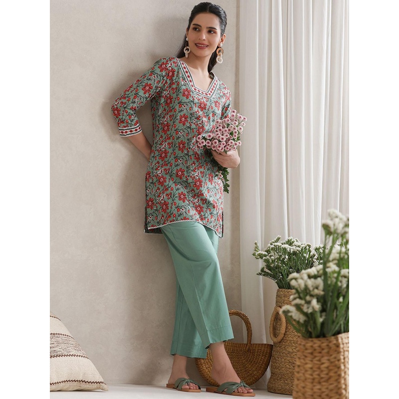 Khushal K Floral Printed Cotton V-Neck Tunic With Trouser Co-Ords