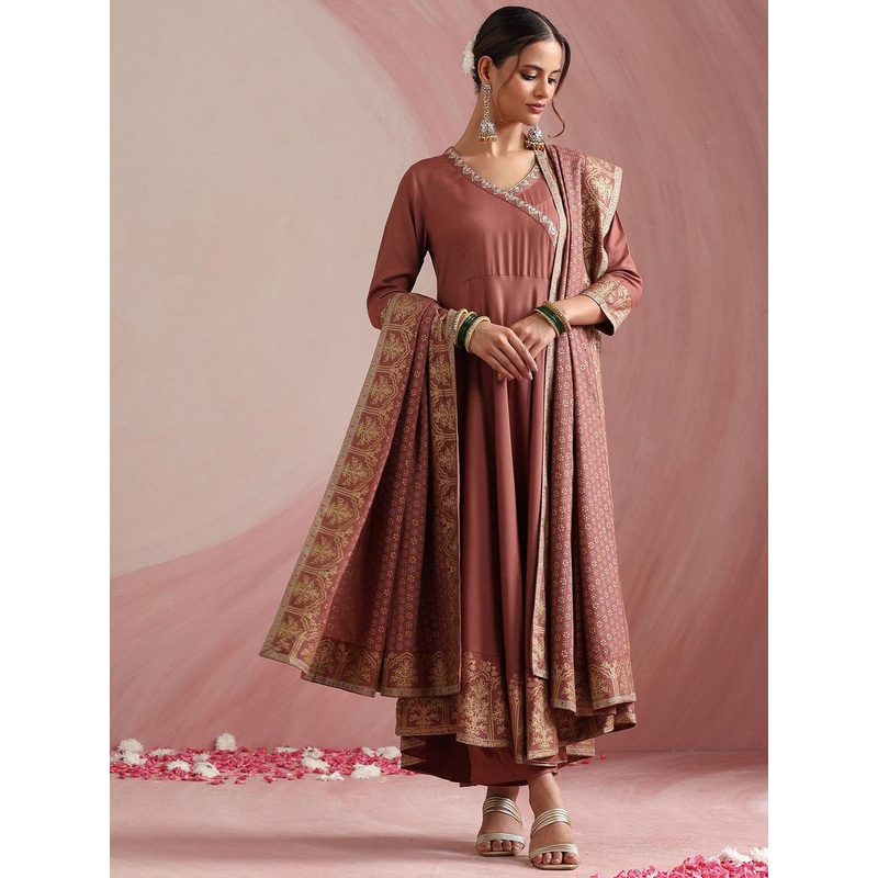 Khushal K Women Ethnic Motifs Angrakha Thread Work Kurta with Trousers & With Dupatta