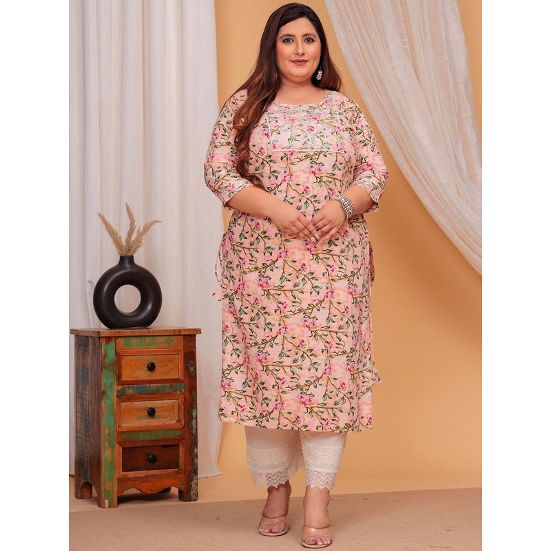 LABULY Plus Size Floral Embroidered Mirror Work Straight Kurta