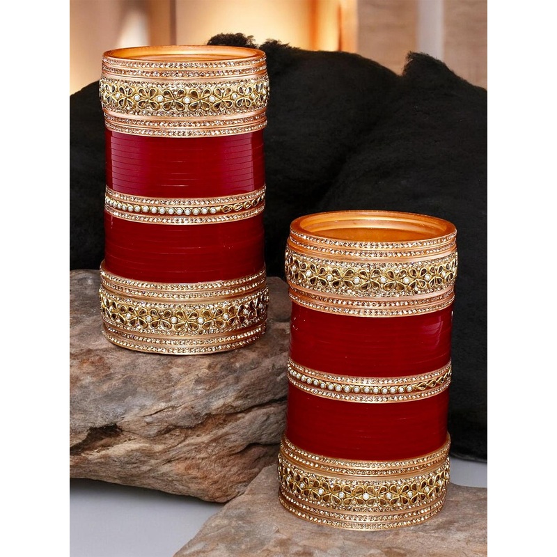 LUCKY JEWELLERY Gold-Toned & Maroon Kundan & CZ Stone-Studded Chuda Bangle Set