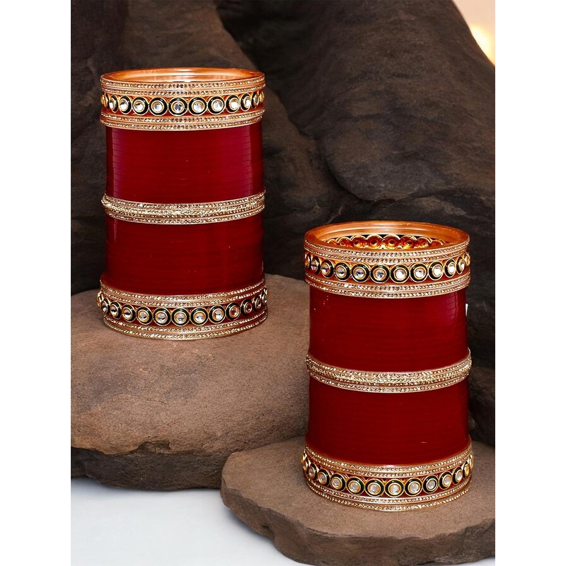 LUCKY JEWELLERY Women Maroon Stone-Studded Chura Bangle Set