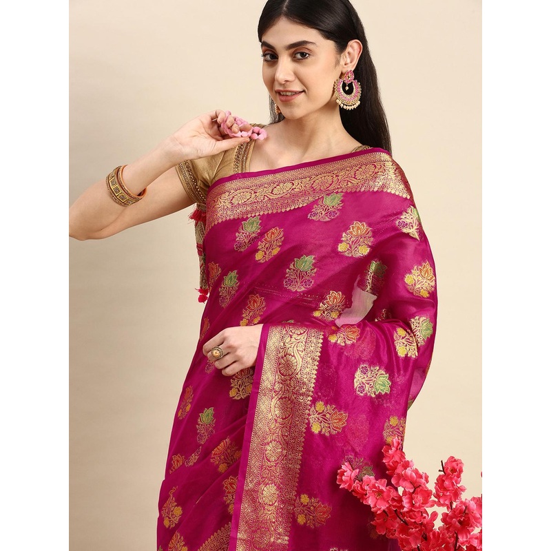 Mitera Pink & Golden Floral Zari Organza Kanjeevaram Saree