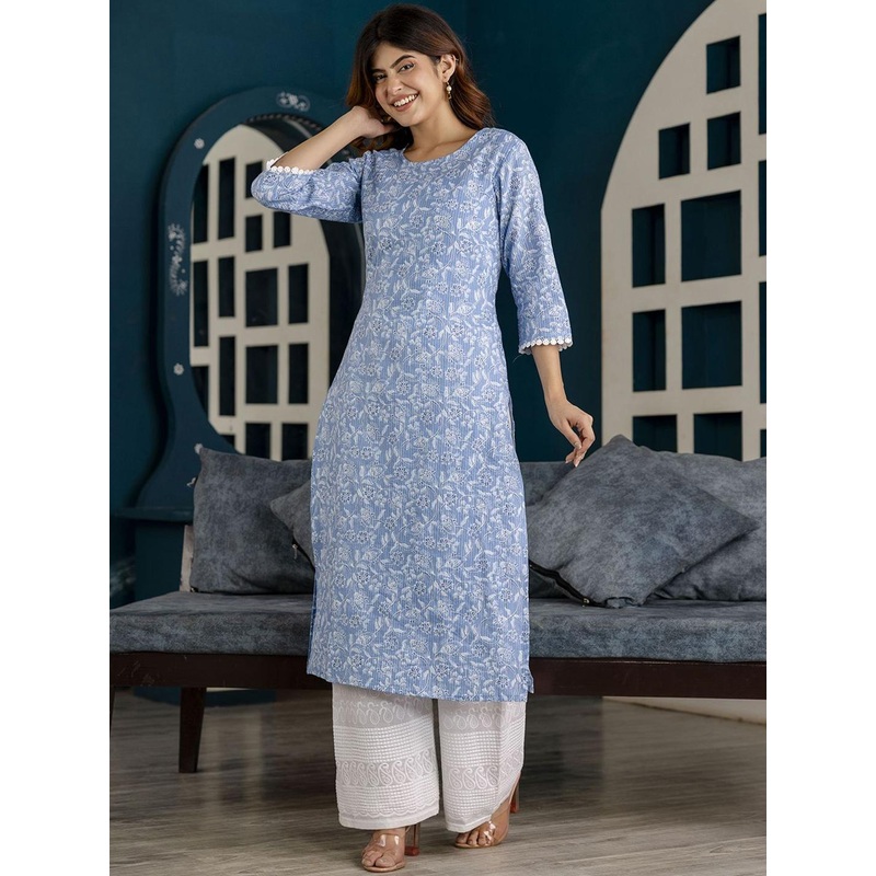 Nayo Floral Printed Printed Round Neck Pure Cotton Straight Kurta