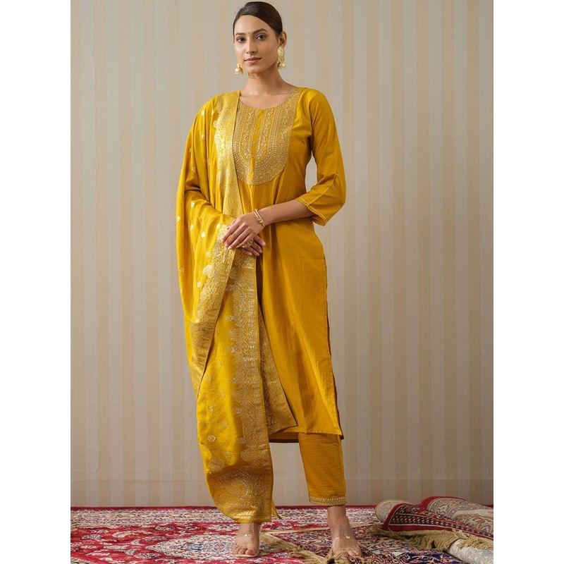 Ode by House of Pataudi Yellow Ethnic Motifs Straight Kurta & Trousers With Dupatta