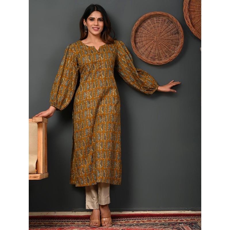 Rimeline Ethnic Motifs Printed Round Neck Puff Sleeves Pure Cotton Kurta
