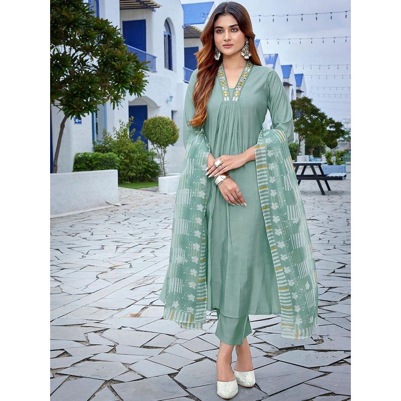 Royal Export Geometric Yoke Design Mirror Work A-Line Kurta With Trouser & Dupatta