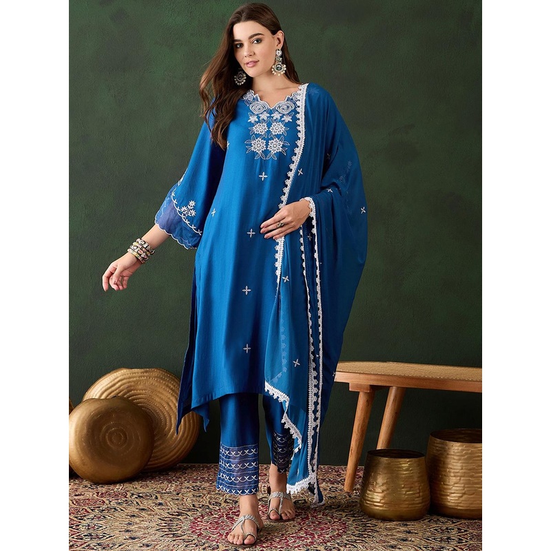 Sangria Blue Floral Embroidered V-Neck Pure Cotton Straight Kurta With Trousers & Dupatta