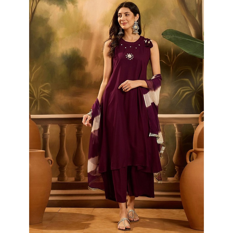 Sangria Embroidered A-Line Kurta & Palazzo With Dupatta