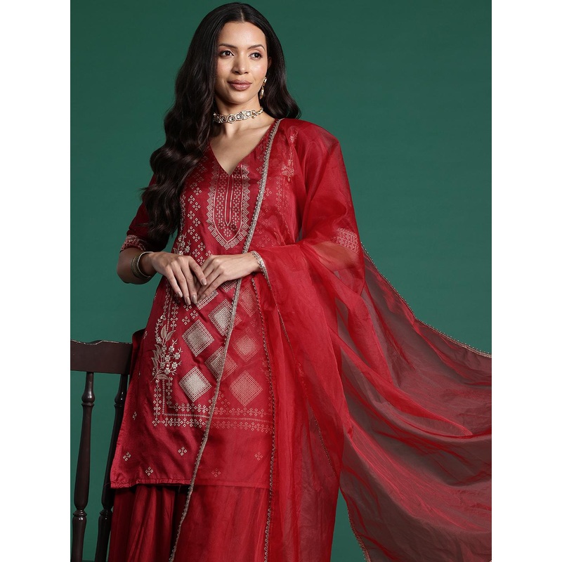 Sangria Ethnic Motifs Brocade Patterned V-Neck Kurta with Sharara & Dupatta