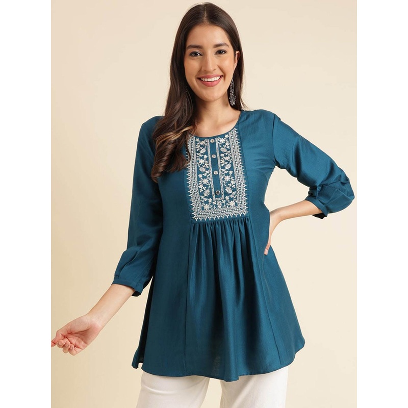 Sangria Floral Embroidered A-Line Short Kurti