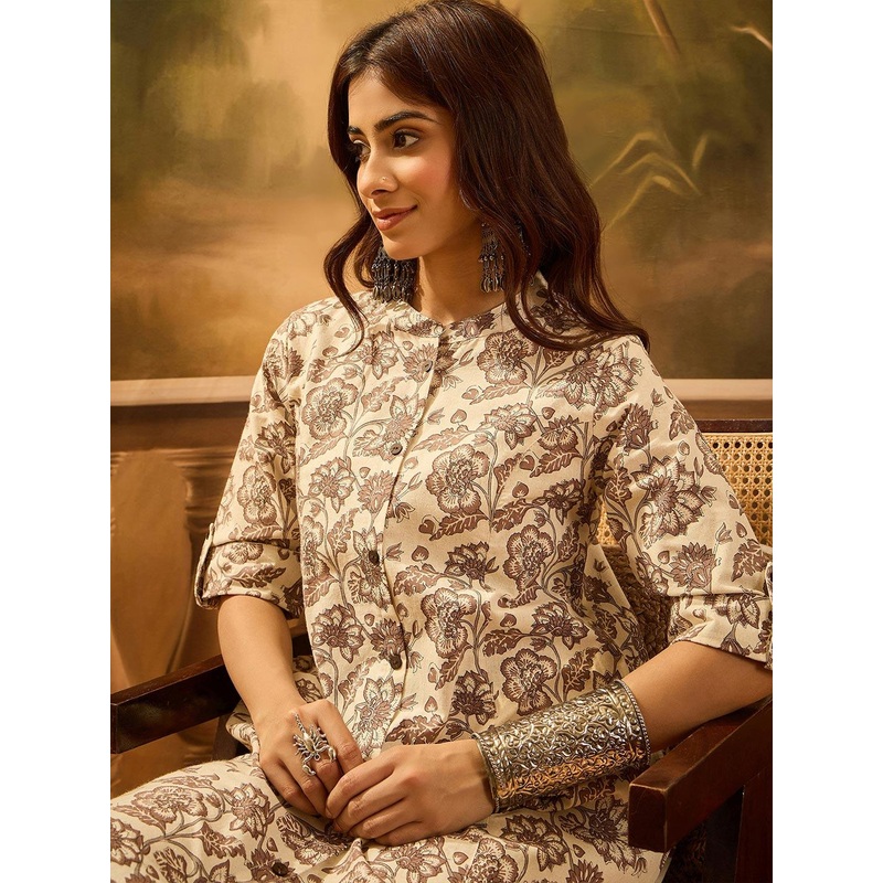 Sangria Floral Printed Mandarin Collar Pure Cotton A-Line Kurta