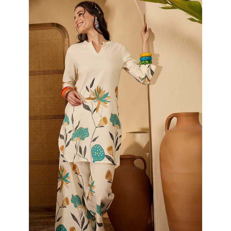 Sangria Floral Printed Pure Cotton Tunic & Palazzo Co-Ord Set