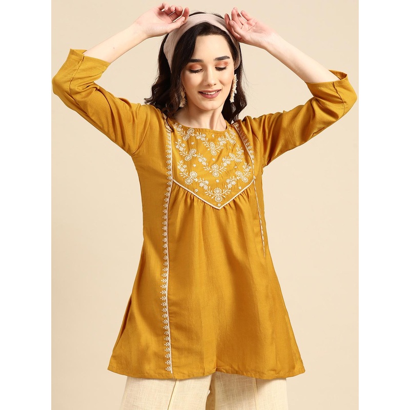 Sangria Mustard Yellow Embroidered Longline Top