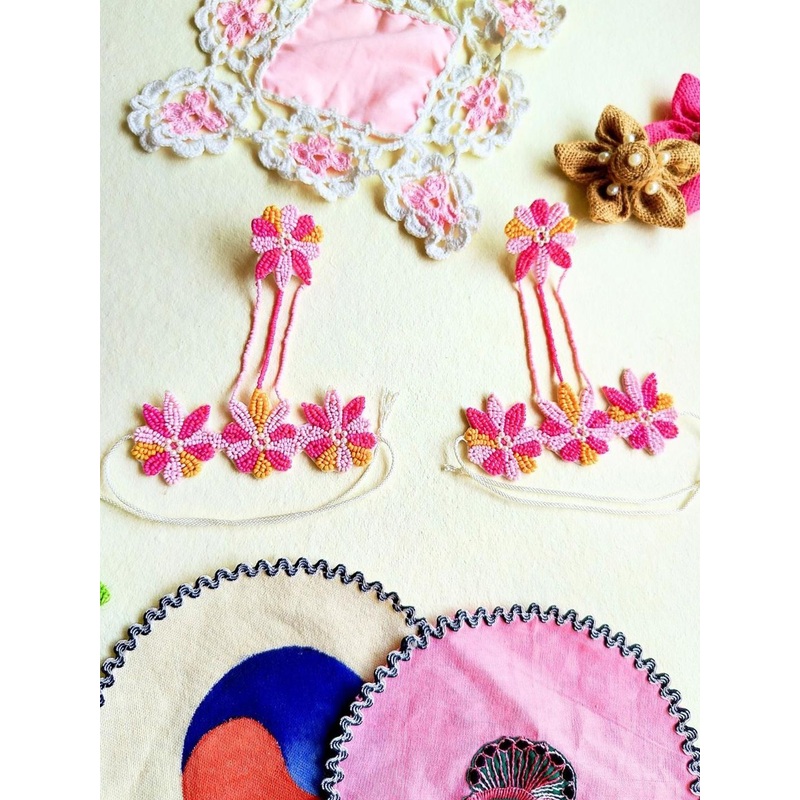 Sangria Pink Set Of 2 Floral Beaded Haathphool Ring Bracelets