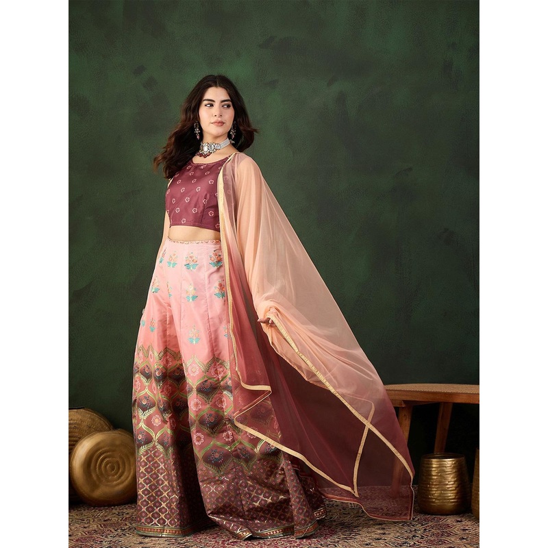 Sangria Placement Printed & Woven Design Jacquard Lehenga With Choli & Dupatta