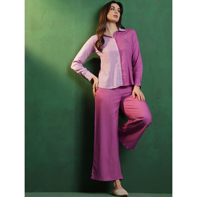 Sangria Purple Embroidered Shirt Collar Shirt & Palazzo
