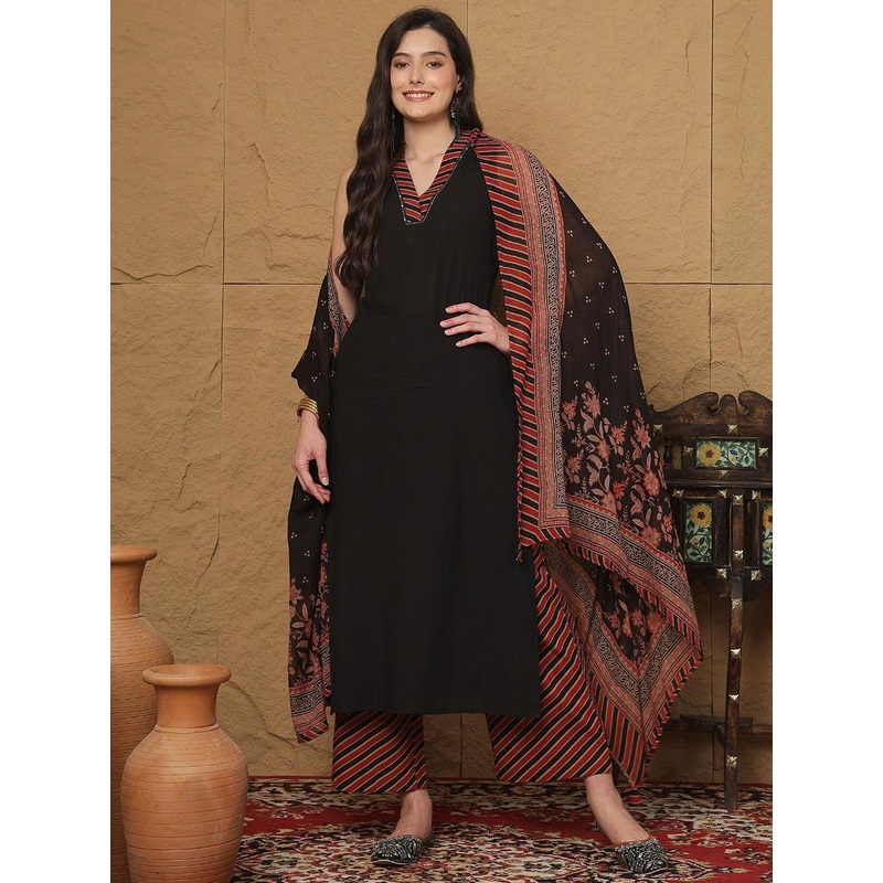 Sangria Sleeveless V-Neck A-Line Kurta With Palazzos And Dupatta