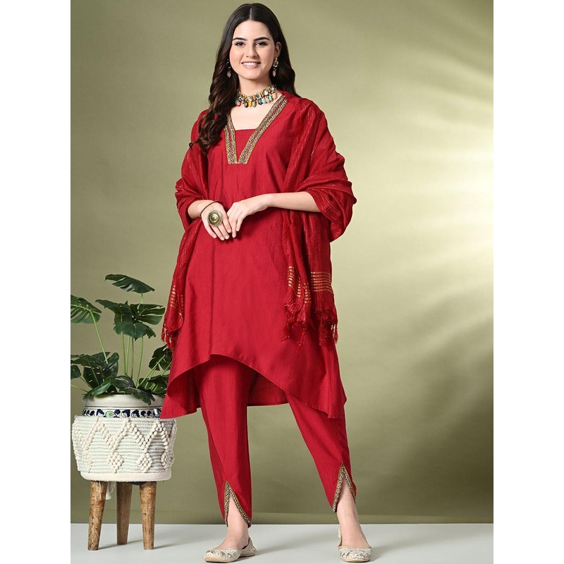 Sangria Square Neck Flared Sleeves High-Low A-Line Fusion Kurta With Dhoti Pant & Dupatta